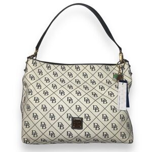 Dooney Bourke White Black Quilt Logo Canvas Shoulder Bag Handbag Flowers Charms